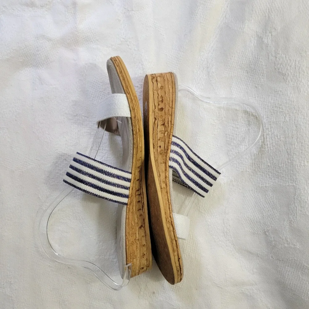 Charleston Shoe Co NEW‎ Cecilia II Navy White Striped Low Wedge Slide Sandals 10